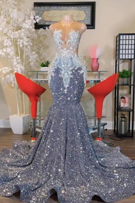 Shinning Luxury O Neck Grey Sequin Mermaid Prom Dresses