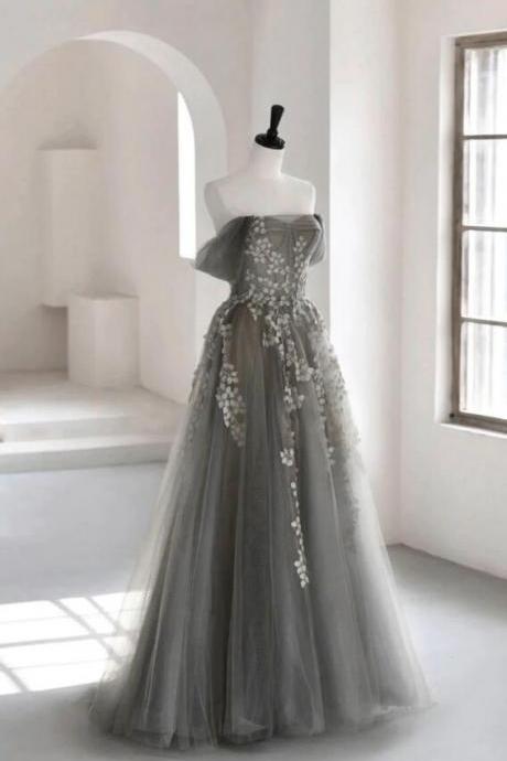 Gray A Line Off The Shoulder Tulle Evening Dresses