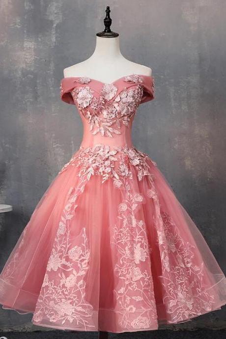 Tea Length Sweetheart Off Shoulder Pink Prom Dress