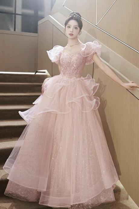 Lovely A Line Pink Tulle Sequins Long Prom Dresses