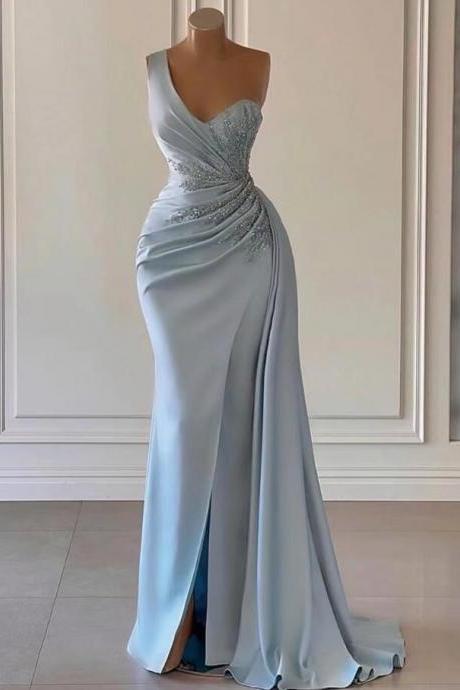 A Line One Shoulder Blue Prom Dresses