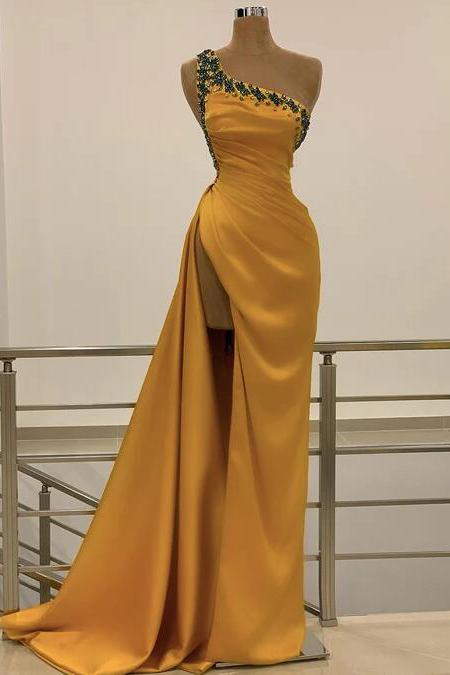 One Shoulder Yellow Split Prom Dresses