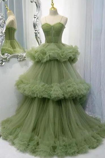 Spaghetti Strap Green Prom Dresses