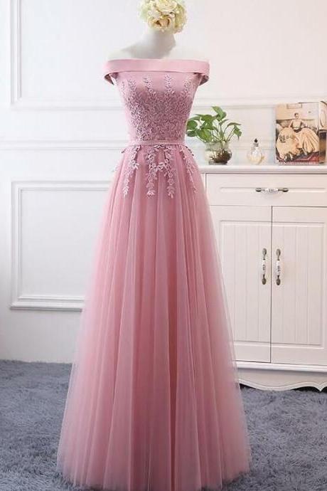 A Line Rose Pink Prom Dresses, Boat Neck Prom Dresses