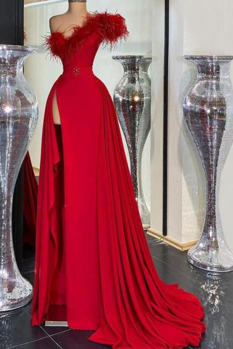 Simple One Shoulder Red Prom Dresses, Feather Prom Dresses