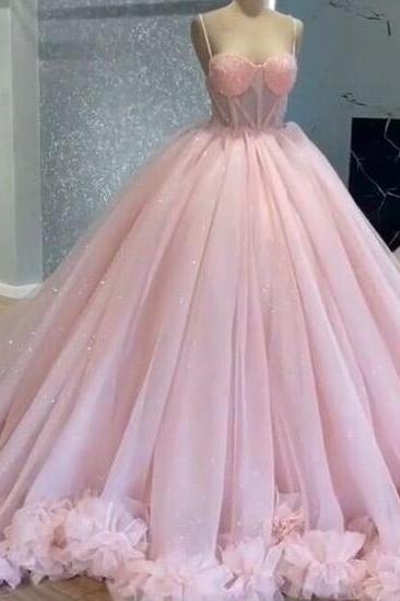 Sparkly Spaghetti Straps Pink Ball Gown Prom Dresses