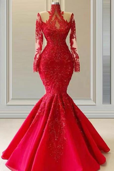 High Neck Red Lace Applique Prom Dresses