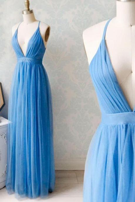 Spaghetti Strap Blue Prom Dresses Chiffon