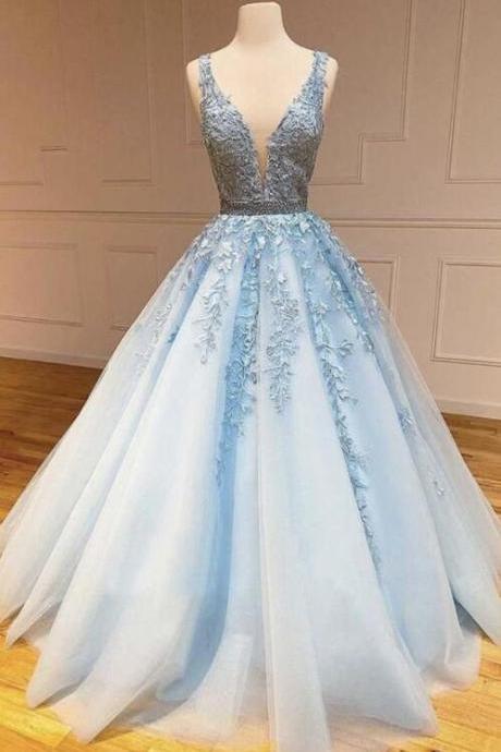 Elegant Blue Lace Prom Dresses, V Neck Prom Dresses