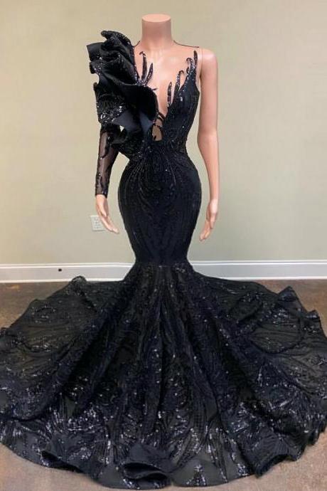 Mermaid Black Sequin One Shoulder Prom Dresses