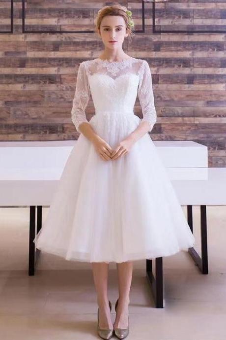 Cute Short Long-sleeve Lace Wedding Dresses