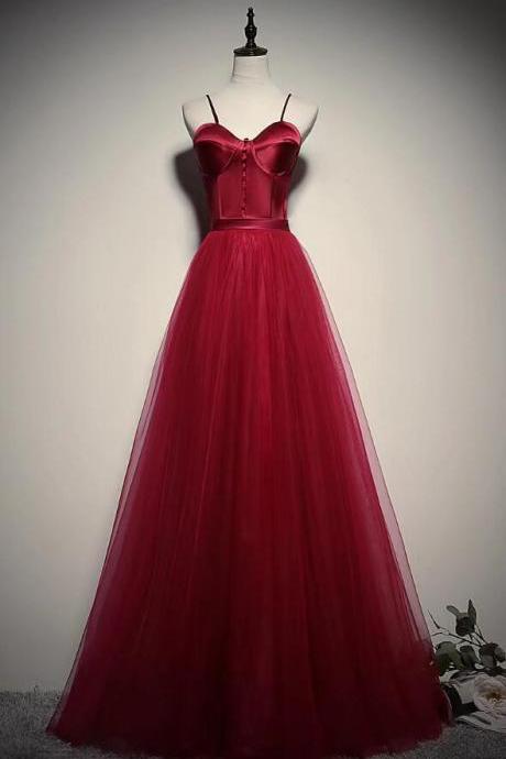 Spaghetti Strap A Line Red Tulle Prom Gown