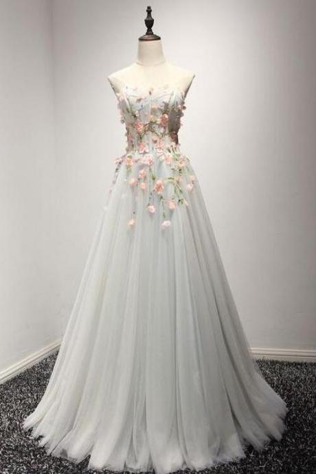 Strapless Gray Prom Formal Dress With Flowers