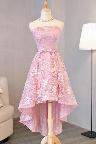 Cute Strapless Pink Lace Applique Prom Dresses