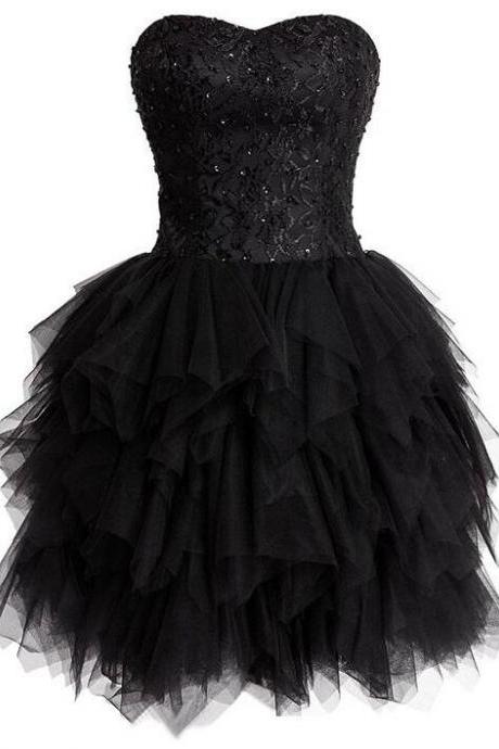 Sweetheart Neckline Beaded Embroidery Ruffled Layered Tulle Short Evening Dresses