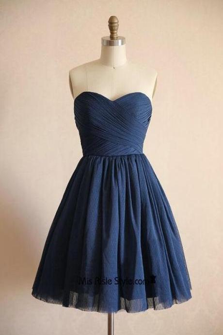 A Line Short Navy Blue Tulle Bridesmaid Dress