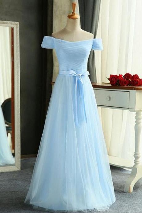 Off Shoulder Light Blue Tulle Prom Dresses