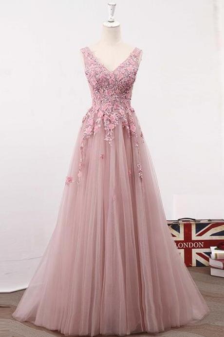 A Line Blush Pink V Neckline Two Straps Lace Prom Dresses