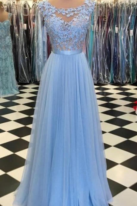 A Line Long Blue Lace Prom Dress