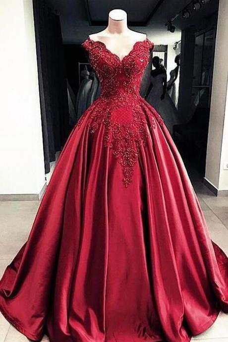 Ball Gown Lace Embroidery Wine Red Beaded V-neck Satin Prom Dress