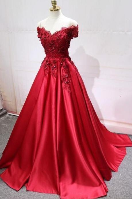Mermaid Off-the-shoulder Pleated Burgundy Satin Prom Dress With Appliques