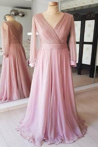 A-line V-neck Long Sleeves Pink Prom Dresses