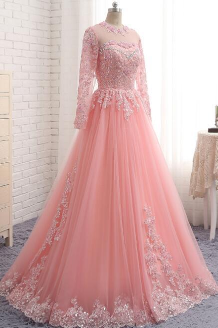 A-line Pink Tulle Long Sleeve Lace Appliques Prom Dress
