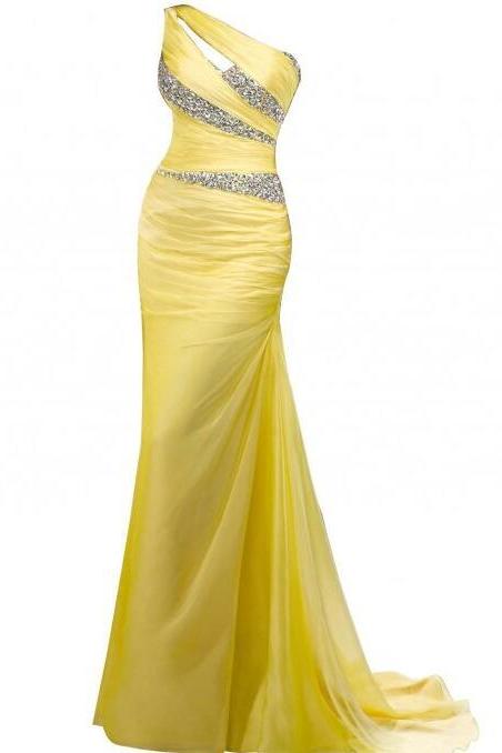 Mermaid One Shoulder Yellow Chiffon Prom Dresses