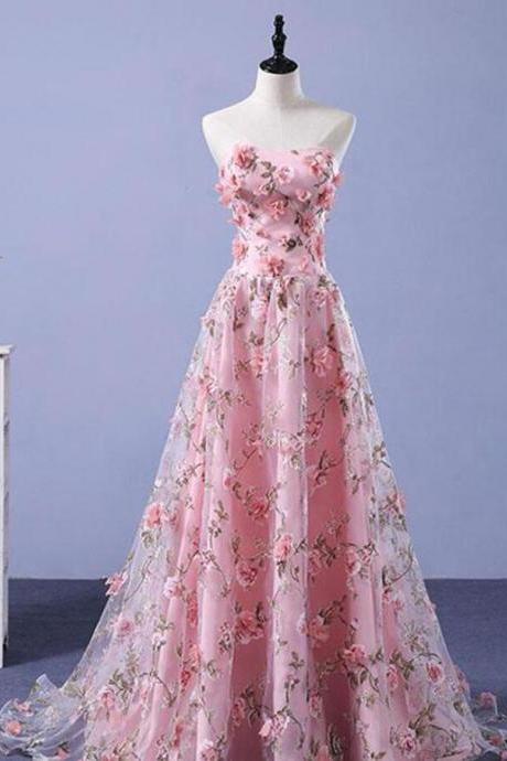 Strapless Pink Sweep Train Floral Long Prom Dresses