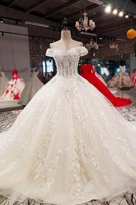 Off-the-shoulder Ball Gown Wedding Dress With Lace Appliques
