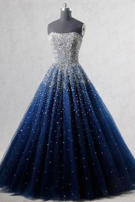 A-line Blue Sweetheart Sequin Tulle Long Prom Dresses