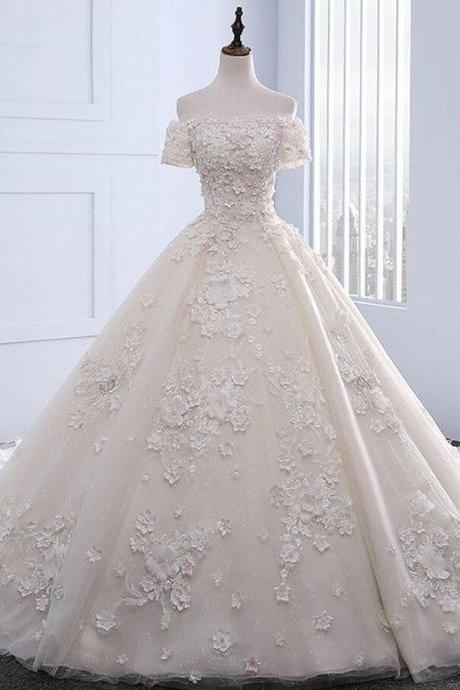 Off Shoulder Ivory Strapless Sweep Train Lace Wedding Dresses