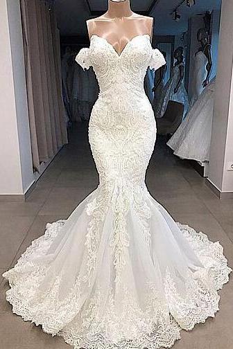 Gorgeous Off-the-shoulder Mermaid Lace Appliques Wedding Dresses