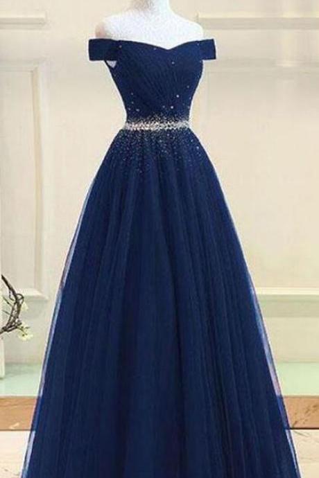 Off The Shoulder A-line Tulle Long Prom Dress With Beading