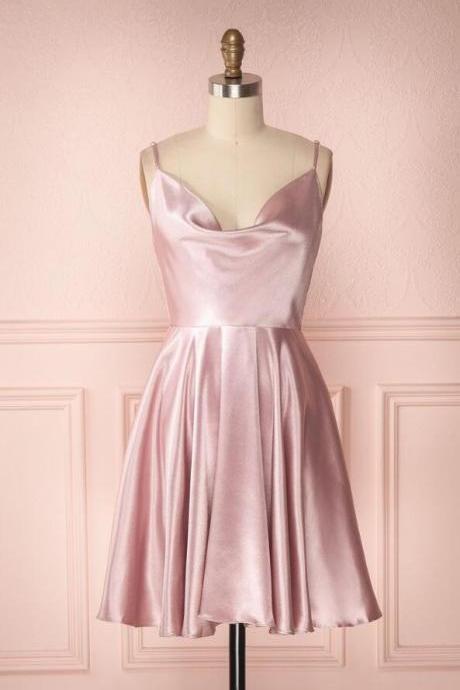 Simple A-line Blush Pink Satin Short Homecoming Dresses
