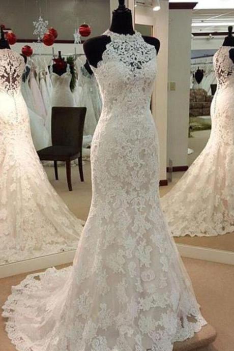 Mermaid Halter Lace Wedding Dress, Bridal Dresses