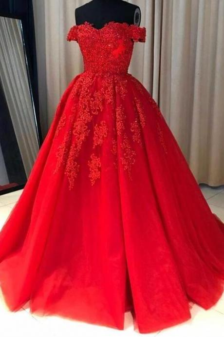 Off Shoulder Ball Gown Red Lace Evening Dresses