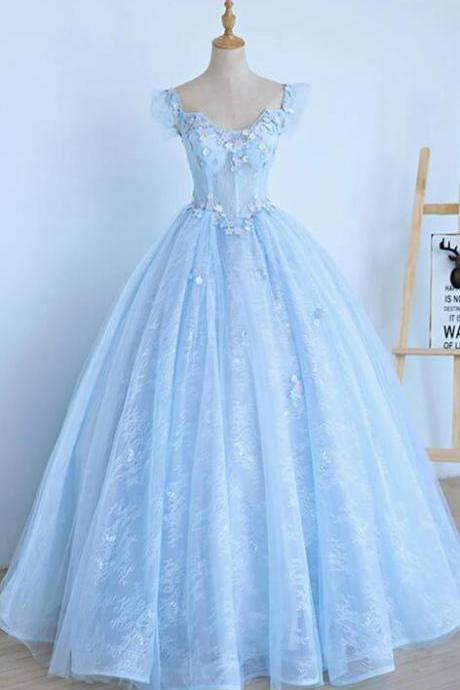A Line Light Blue Lace Sweet 16 Prom Dress