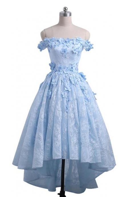 Sweetheart Blue Off Shoulder High Low Homecoming Dresses