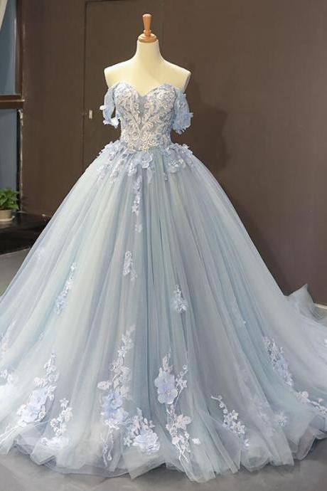 Off The Shoulder Light Blue Long Prom Dress With Appliques