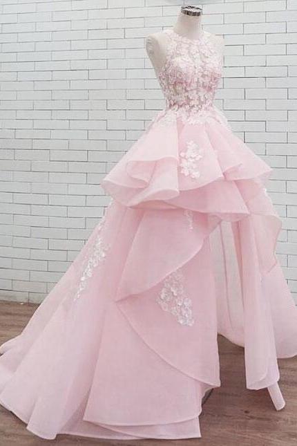 Round Neck Lace Pink Long Prom Dress, Sweet 16 Dress