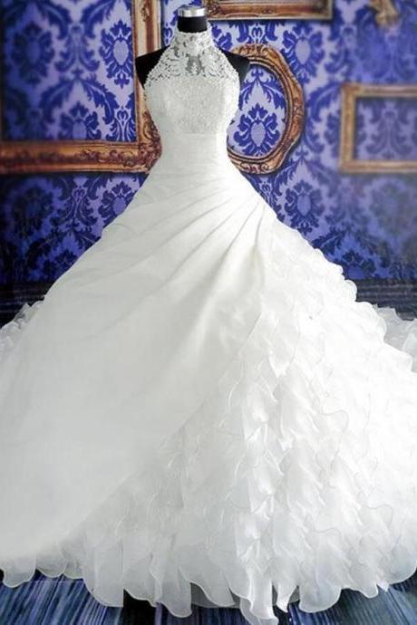 Mermaid Appliques Ruffles Pearls Ball Gown Wedding Dress