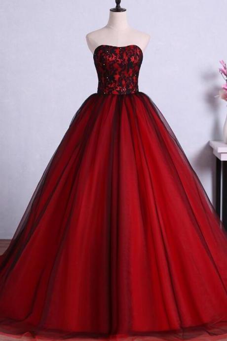 Charming Red Tulle Ball Gown Prom Dresses Evening Gowns