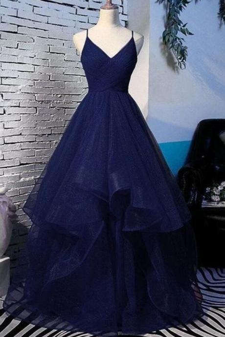 A Line Navy Blue Tulle Prom Dress Evening Dresses