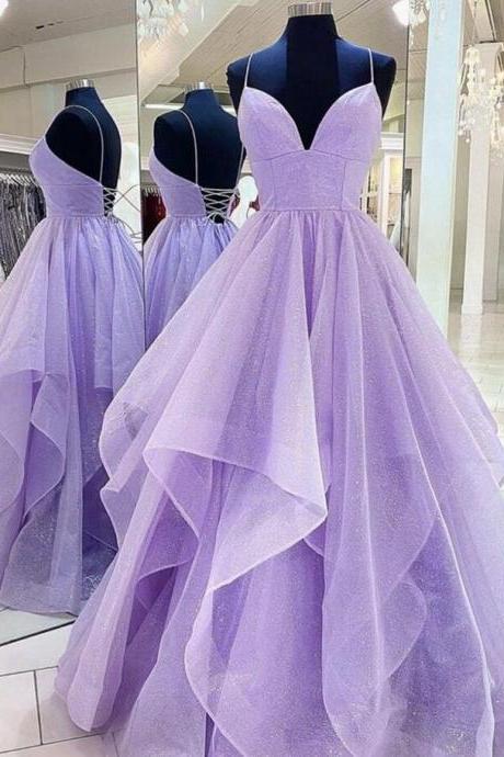 A Line Purple V Neck Tulle Long Prom Dresses