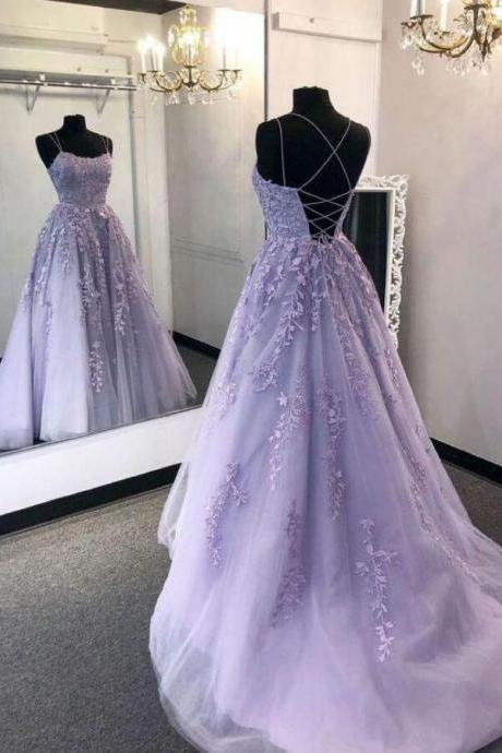 Lilac Lace Cross Back Evening Party Dresses