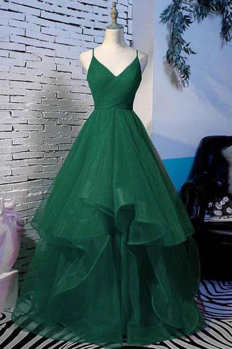 Spaghetti Straps Long Dark Green Tulle Prom Dress With Ruffles