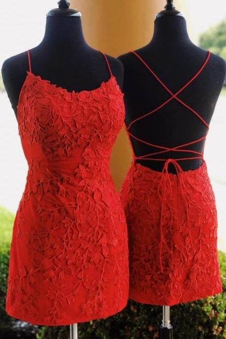 Cute Red Sleeveless V-neck Lace Homecoming Dresses