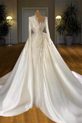 Mermaid Luxury Satin Pearls Wedding Dress