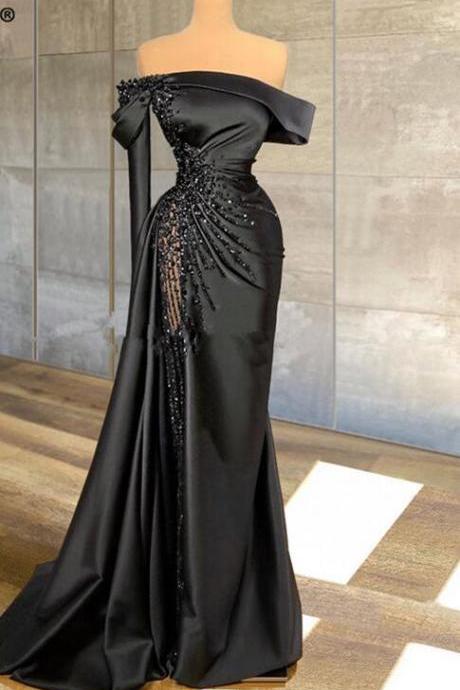 Sexy Off The Shoulder Black Long Satin Prom Dresses